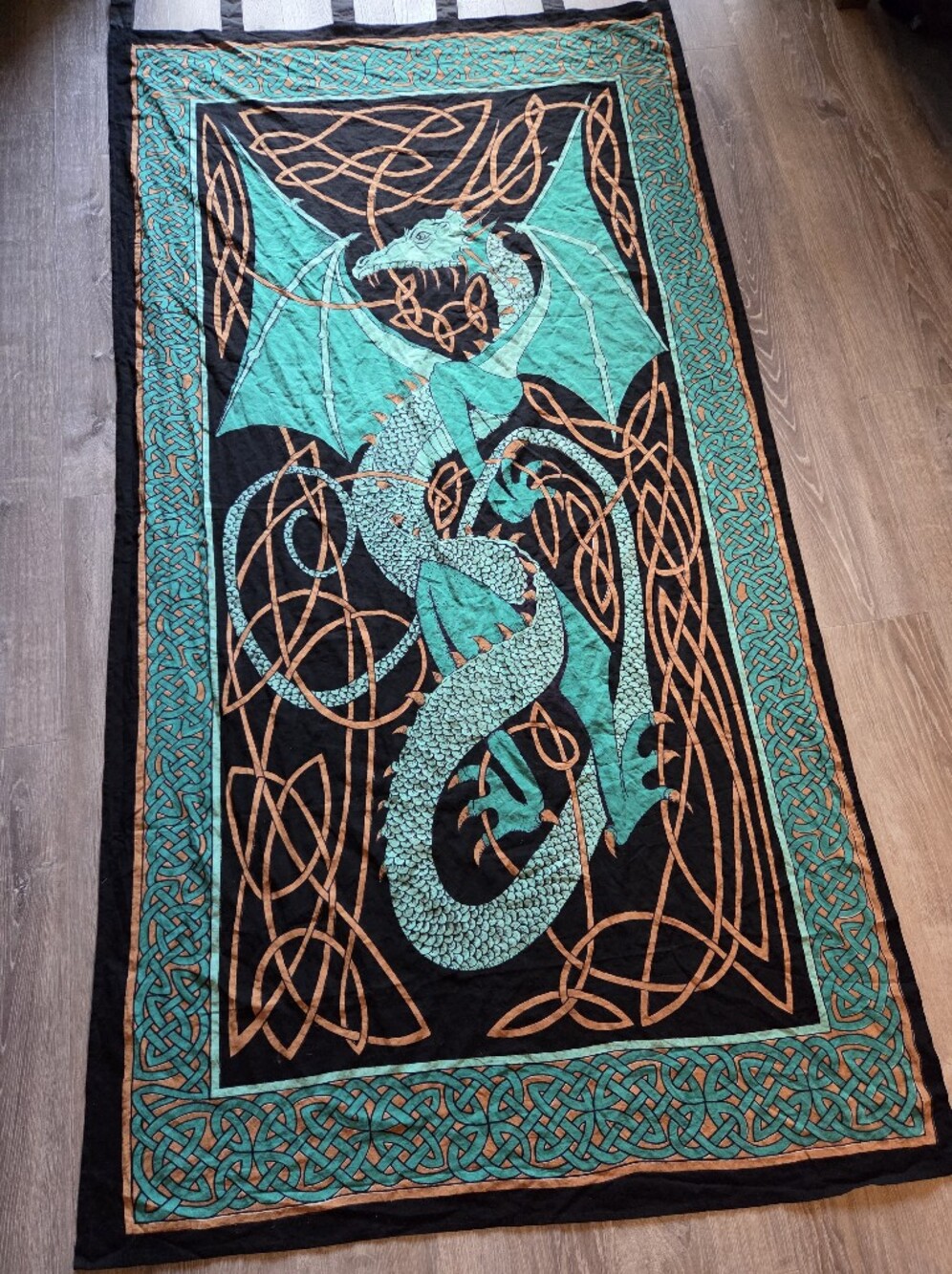 Celtic Dragon Curtain Panel Tapestry Cotton India Arts Green Black Orange
